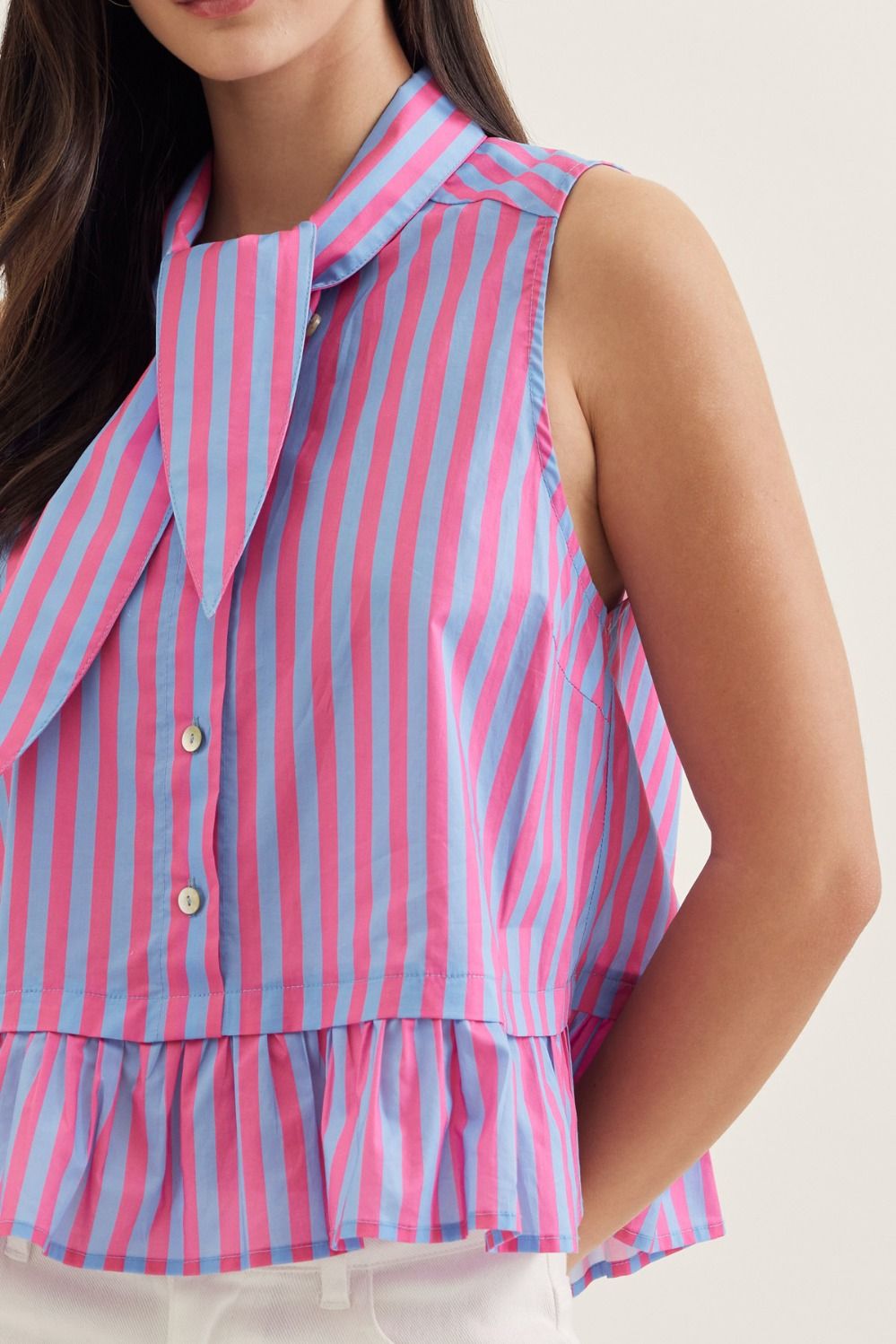 The Penny Blue/Pink Striped Sleeveless Peplum Top