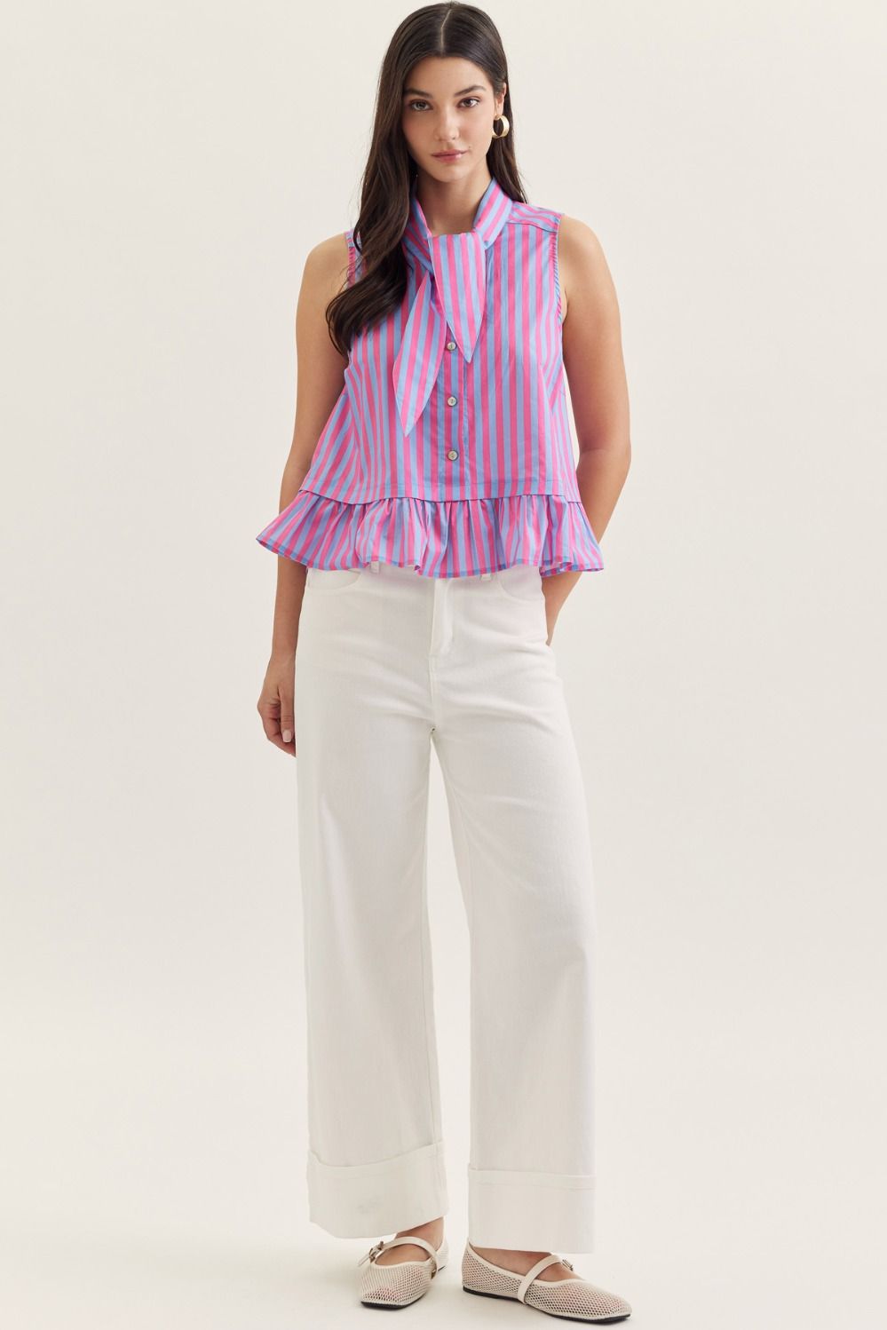 The Penny Blue/Pink Striped Sleeveless Peplum Top