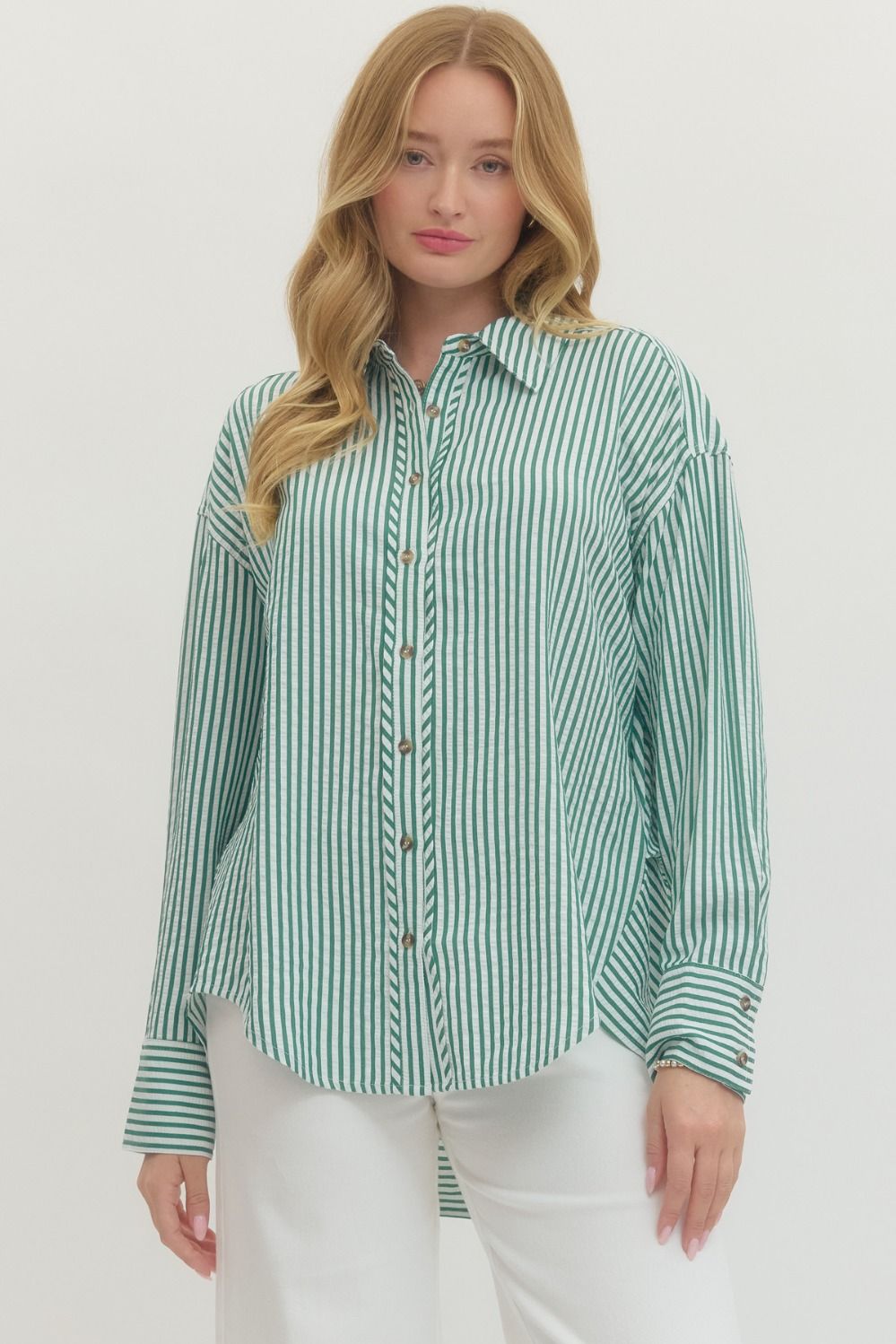 The Pam Green Striped Long Sleeve Button Down