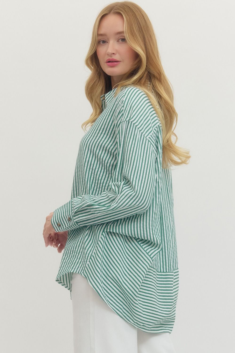 The Pam Green Striped Long Sleeve Button Down