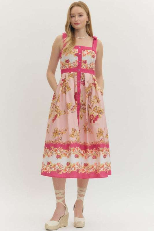 The Avery Floral Print Shoulder Tie Midi Dress
