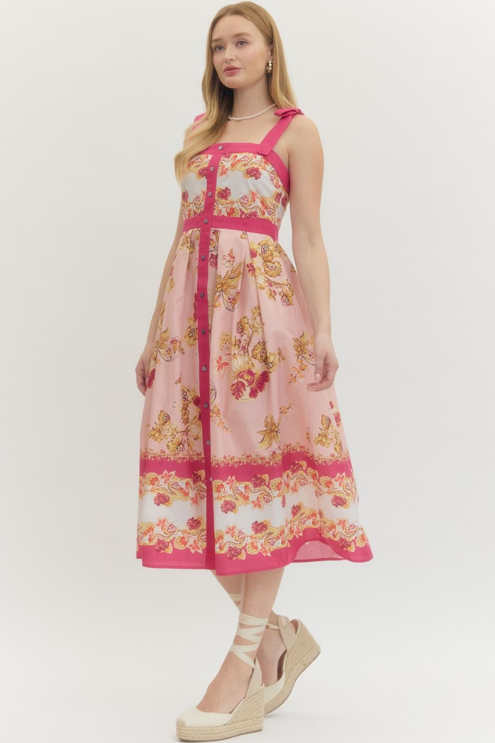 The Avery Floral Print Shoulder Tie Midi Dress