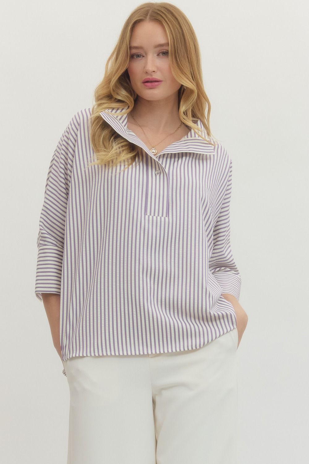 The Violet Lavender Striped Button Closure Top