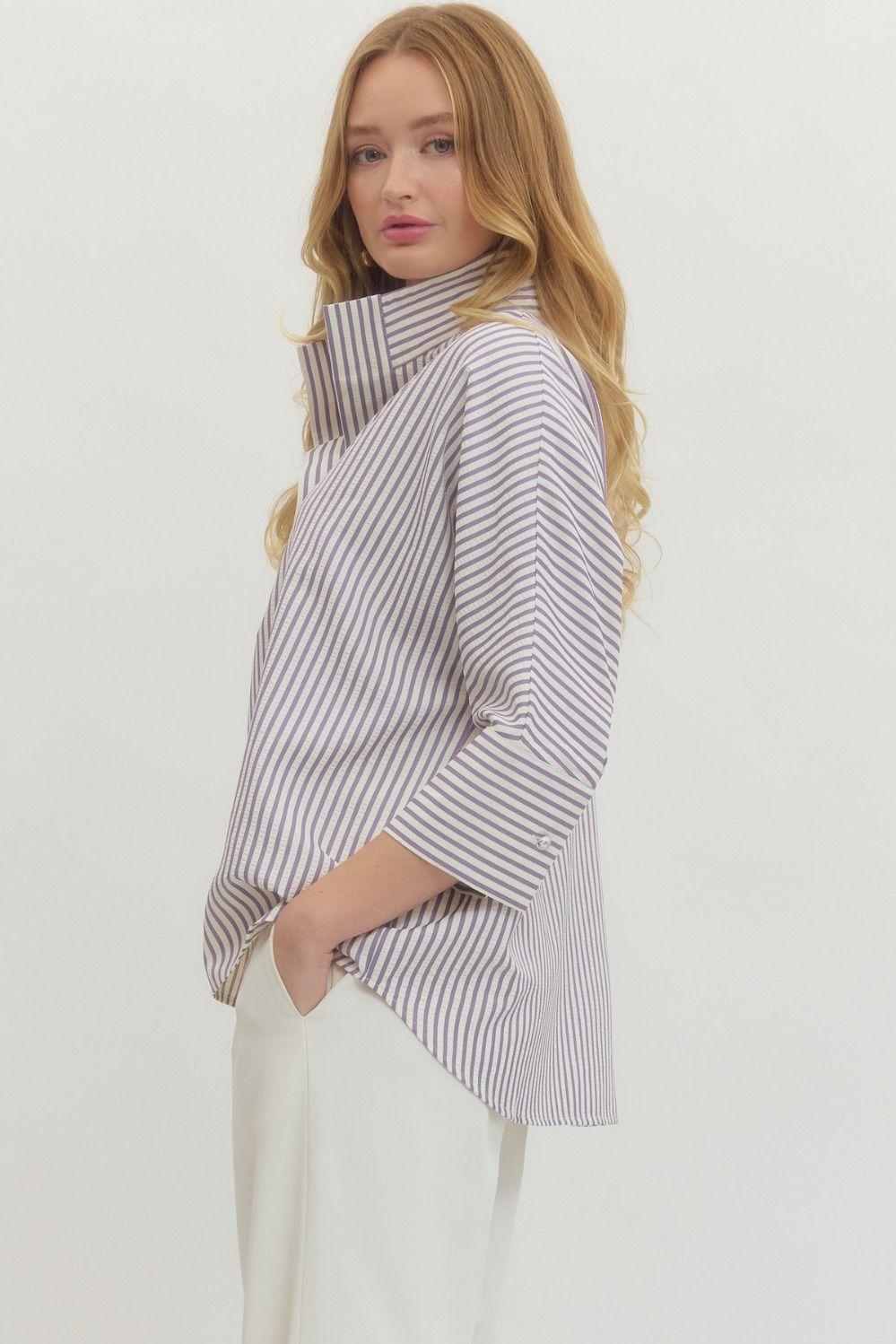 The Violet Lavender Striped Button Closure Top