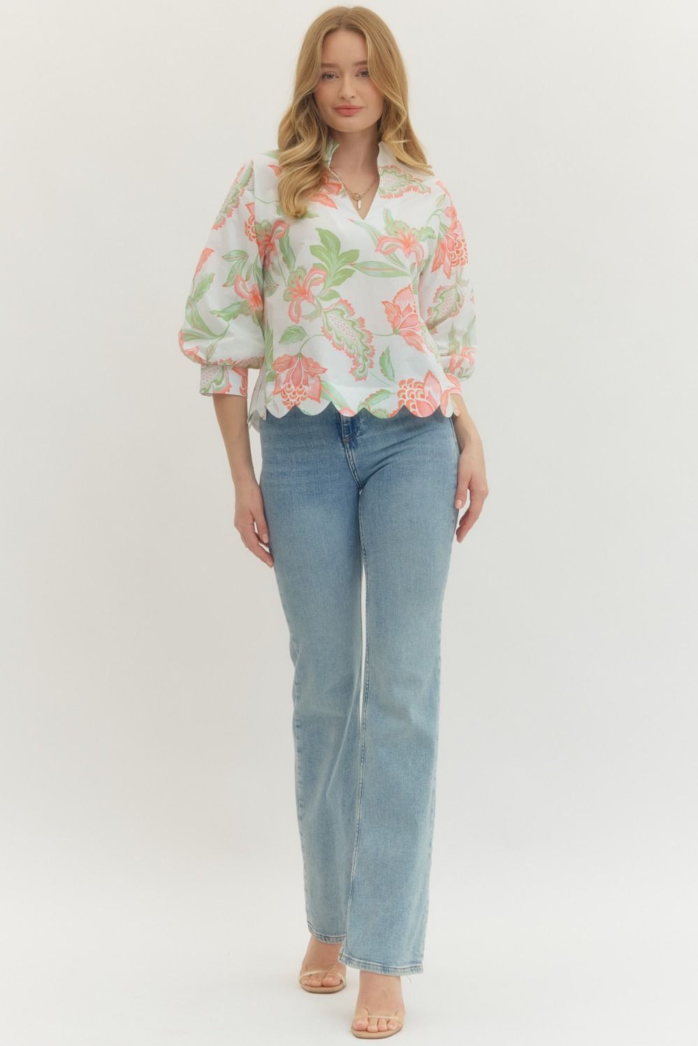 The Allie Peach Floral Scallop Top