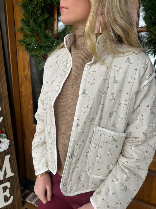 The Jenny Light Khaki Quilted Floral Button Down Puffer Jacket