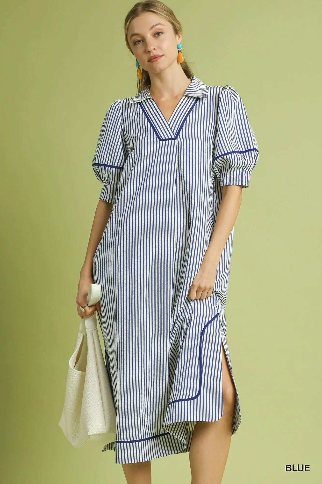 The Mia Blue Striped Midi Dress with Puff Sleeves