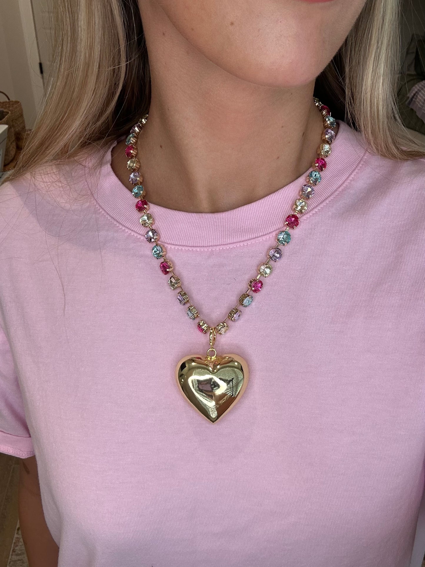 The Ellie Cotton Candy Necklace with Gold Heart & Purple Studs