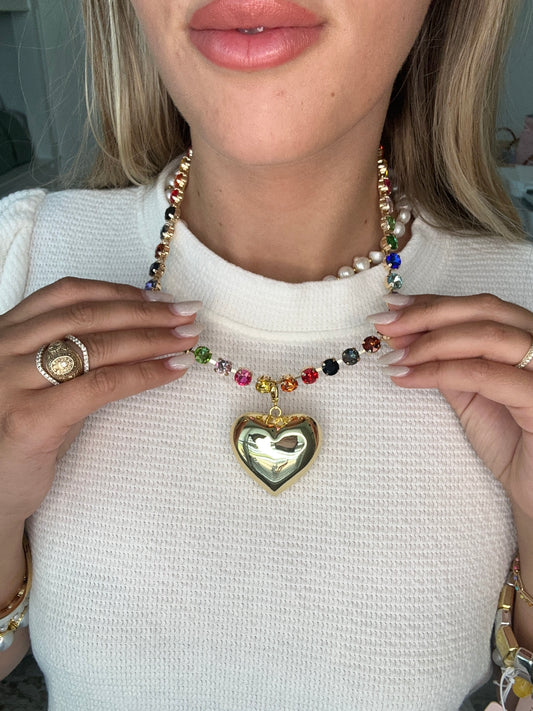 The Nova Disco Skittles Necklace With Gold Heart & Pink Studs