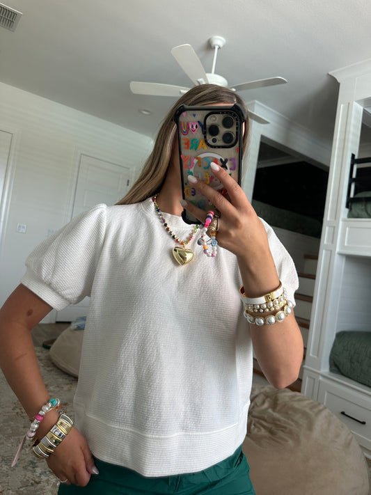 The Isla White Round Neck Puffy S/S Cloudy Knit Top