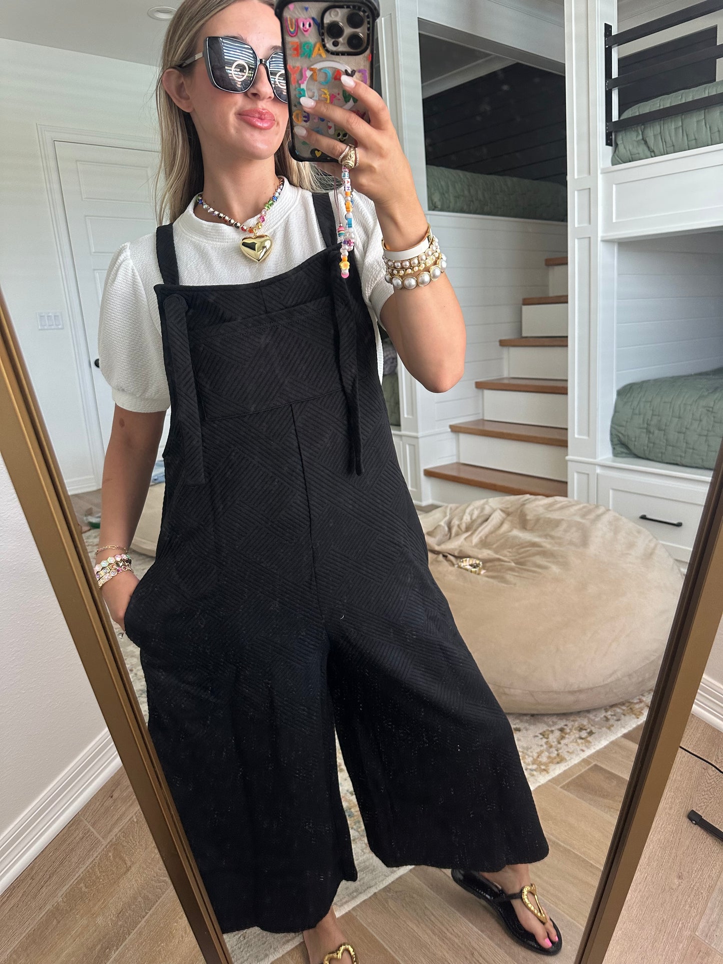 The Allie Black Textured Cropped Overall Pants