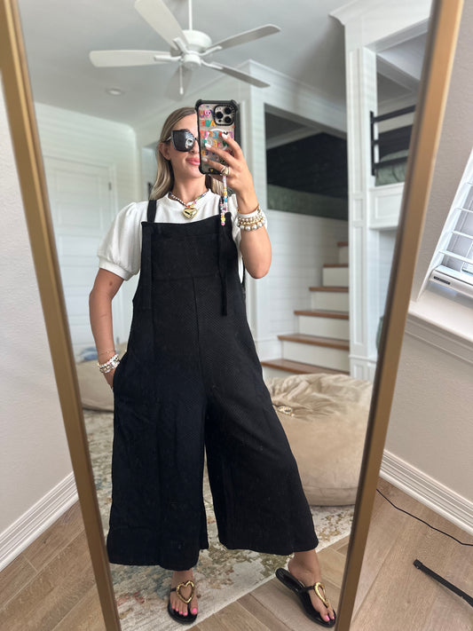 The Allie Black Textured Cropped Overall Pants
