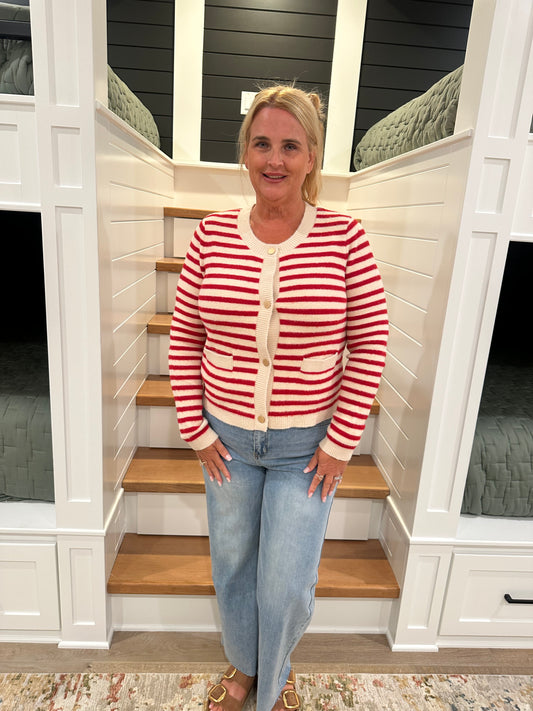 The Valentina Red Striped Knit Button-Up Cardigan