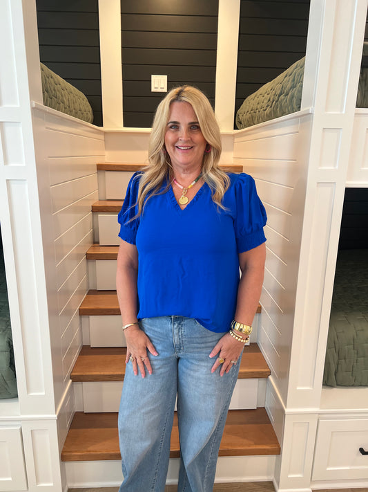 The Lisa Royal Puff Sleeve V-neck Top