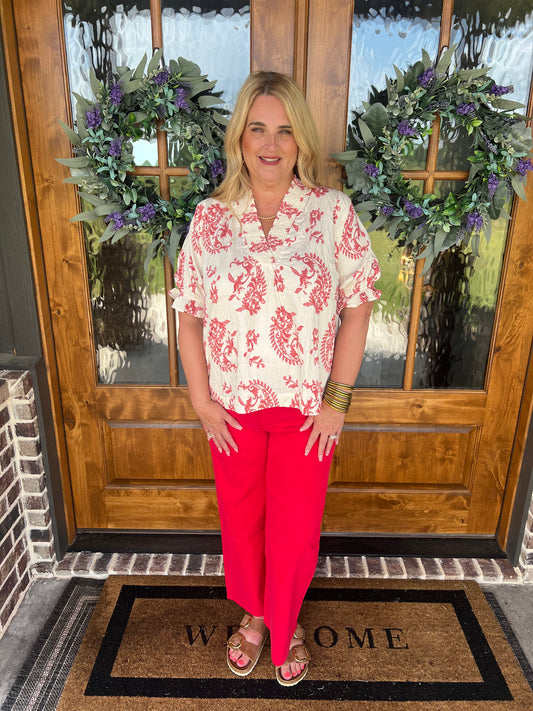The Robin Paisley Print V-neck Ruffle Trim Top