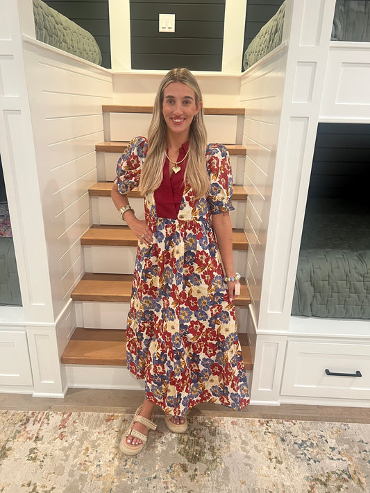 The Darla Burgundy Floral Print Midi Dress