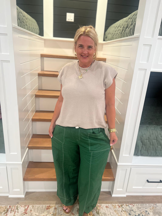 The Leslie Fern Wide Leg Pants With White Stitching