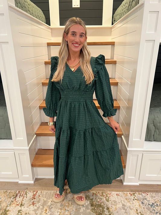 The Emmi Palm Green Smocked Tiered Maxi Dress with Puff Sleeves