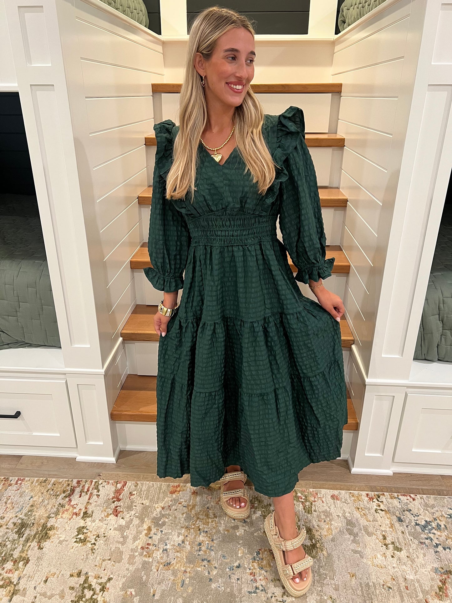 The Emmi Palm Green Smocked Tiered Maxi Dress with Puff Sleeves