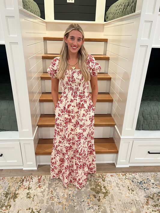 The Eden Puff Sleeve Berry Floral Smocked Maxi Dress