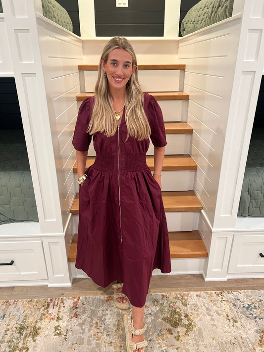 The Wrenley Plum Smocked Waist Front Zip Midi Dress
