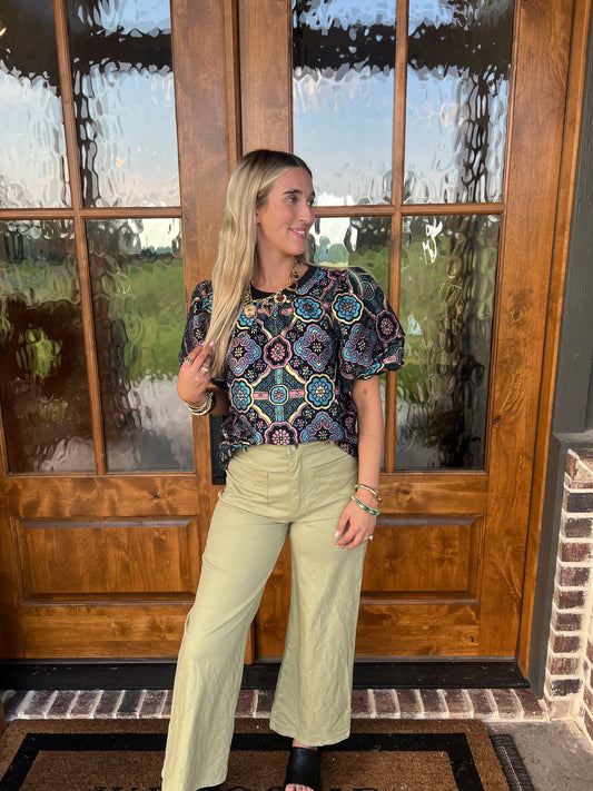 The Jan Puff Sleeve Mandala Jacqaurd Print Top