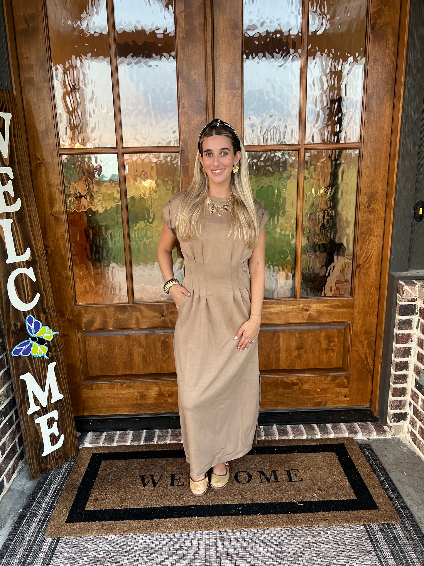 The Cami Camel Pleated Midi Dress