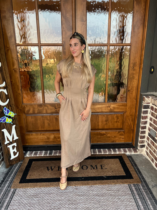 The Cami Camel Pleated Midi Dress