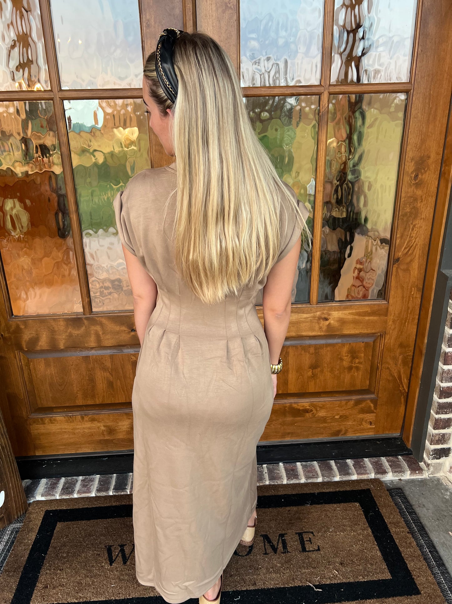 The Cami Camel Pleated Midi Dress