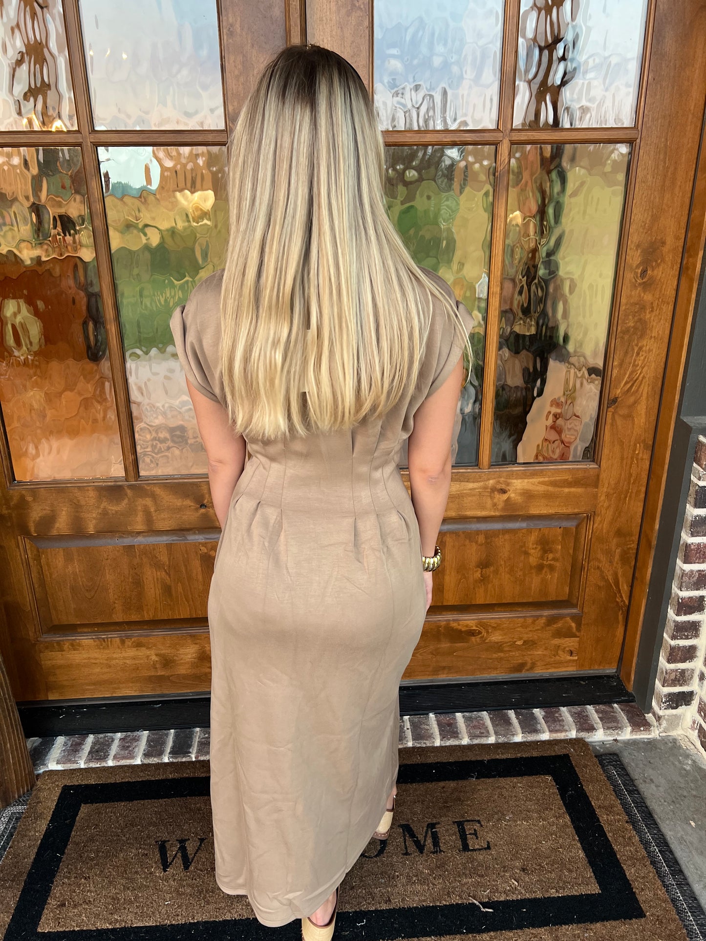 The Cami Camel Pleated Midi Dress