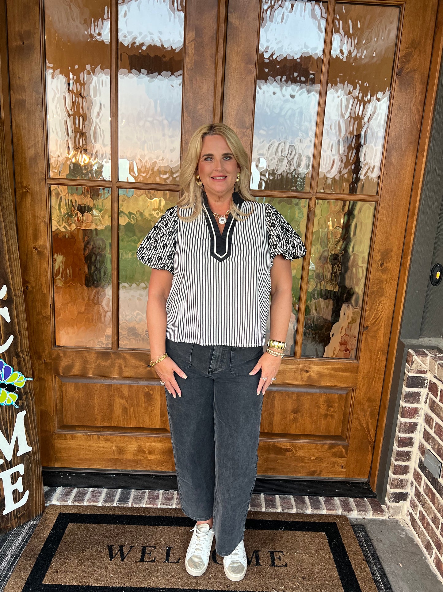 The Josie Black/Cream Striped Embroidered Puff Sleeve Top