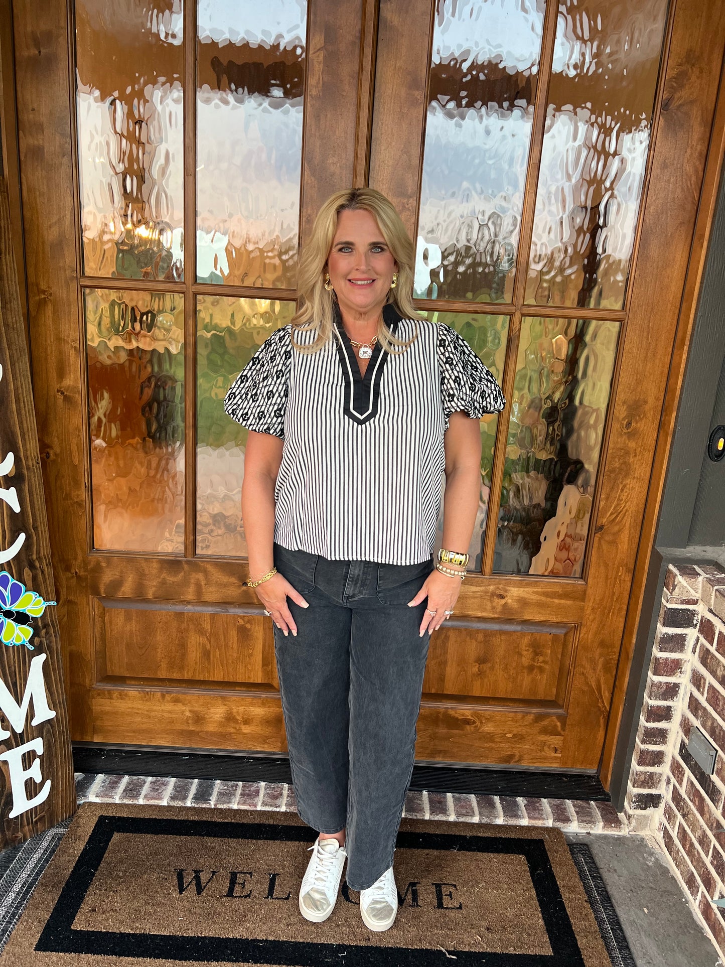 The Josie Black/Cream Striped Embroidered Puff Sleeve Top