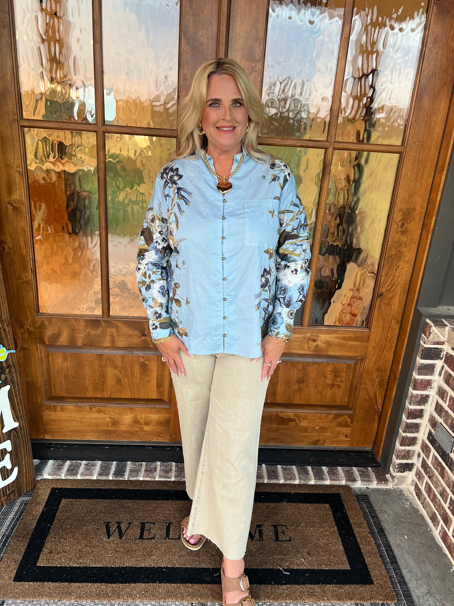 The Kathleen Long Sleeve Chambray Floral Top