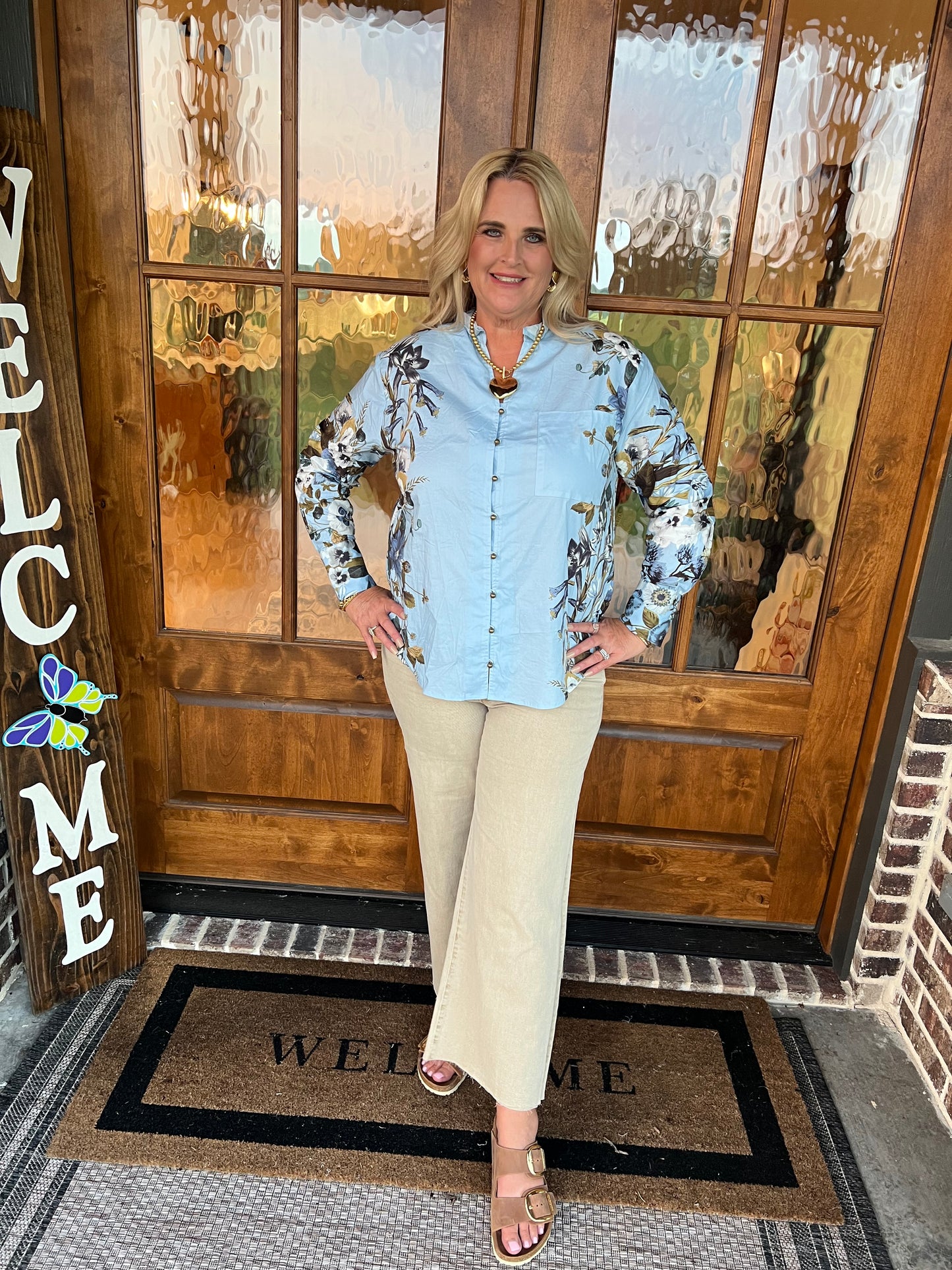 The Kathleen Long Sleeve Chambray Floral Top