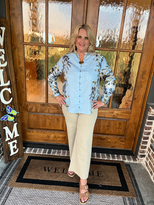 The Kathleen Long Sleeve Chambray Floral Top