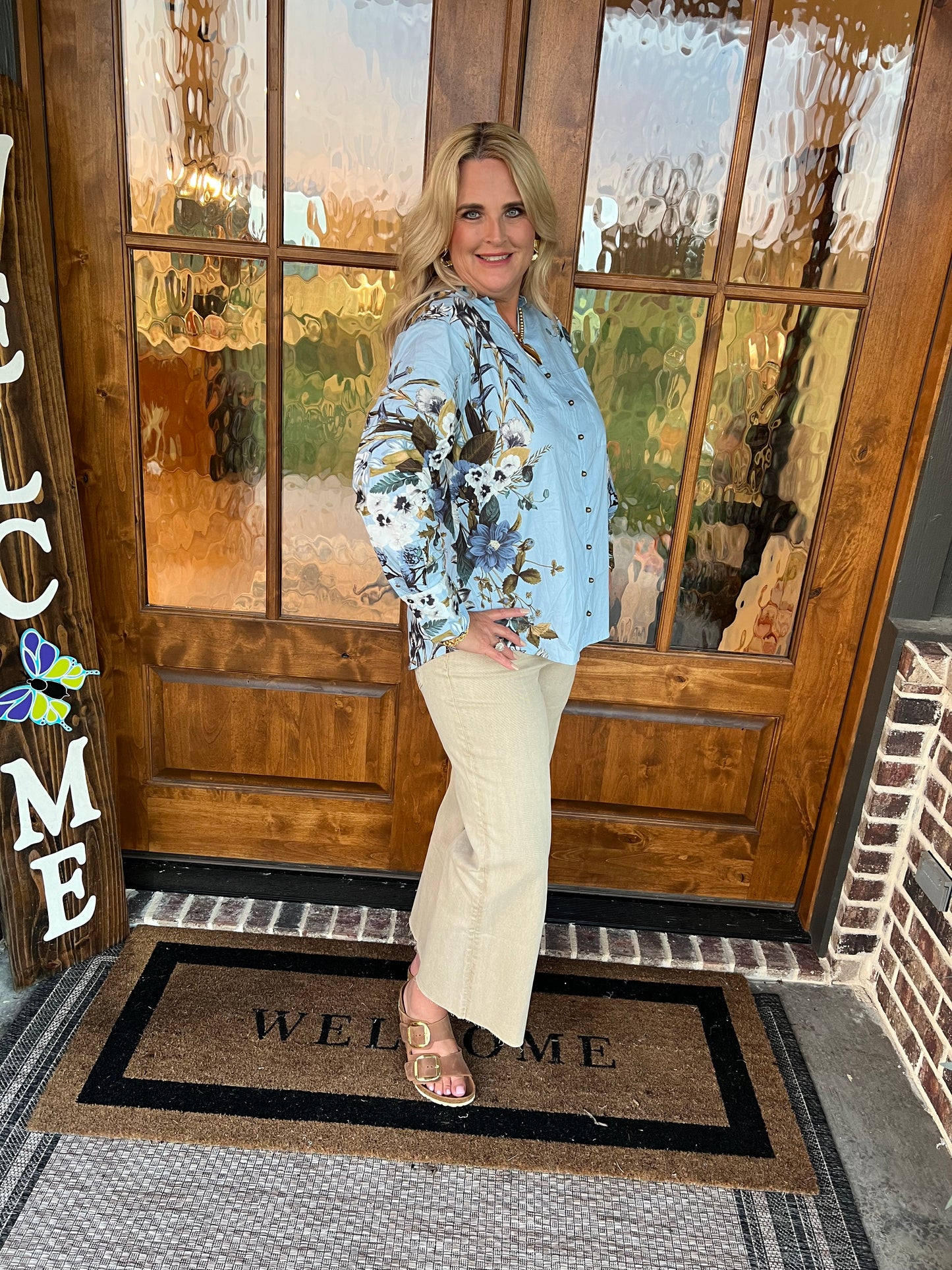 The Kathleen Long Sleeve Chambray Floral Top