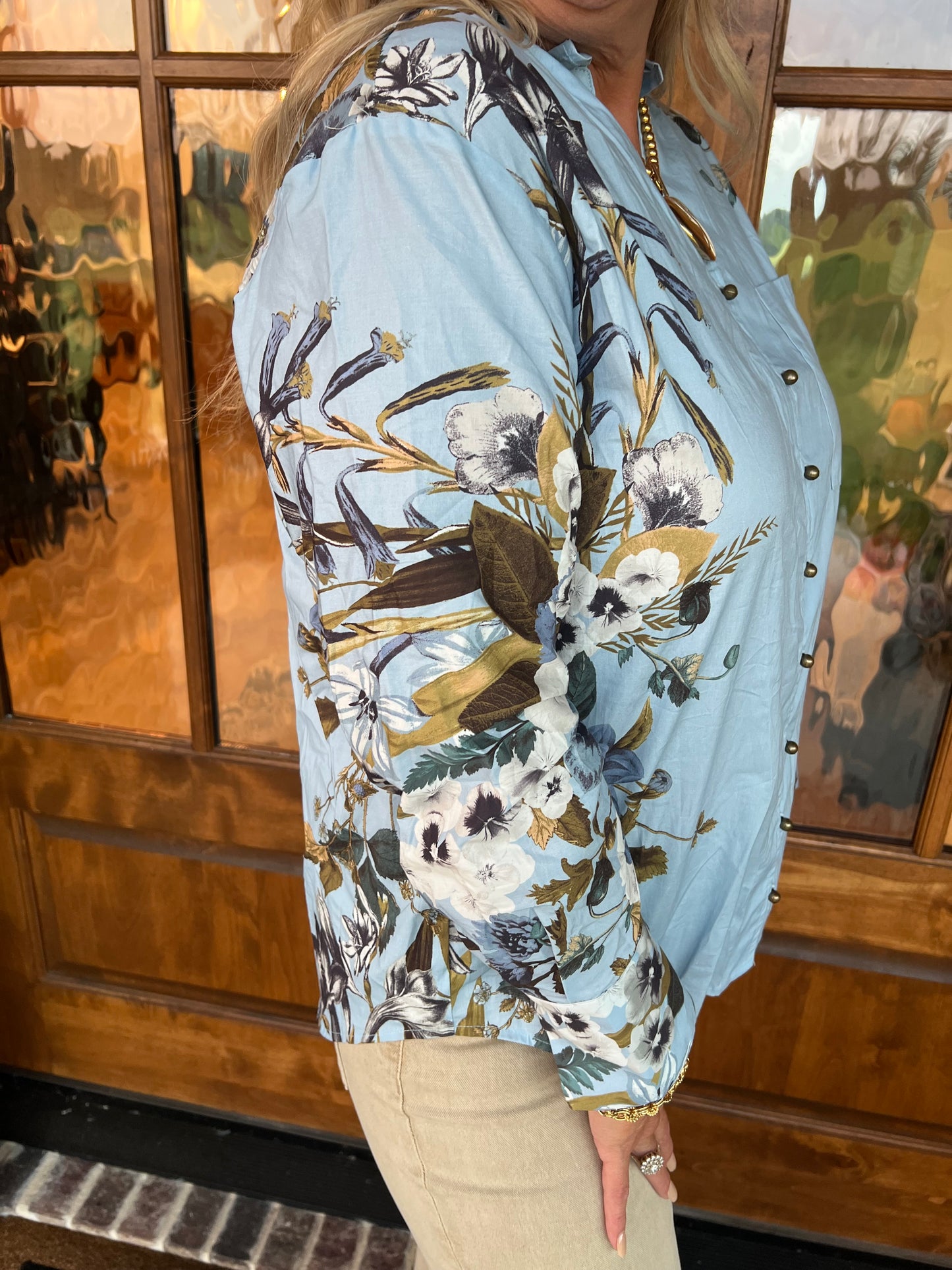 The Kathleen Long Sleeve Chambray Floral Top