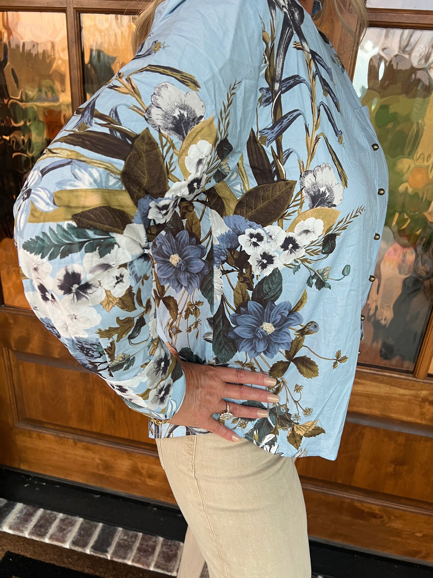 The Kathleen Long Sleeve Chambray Floral Top
