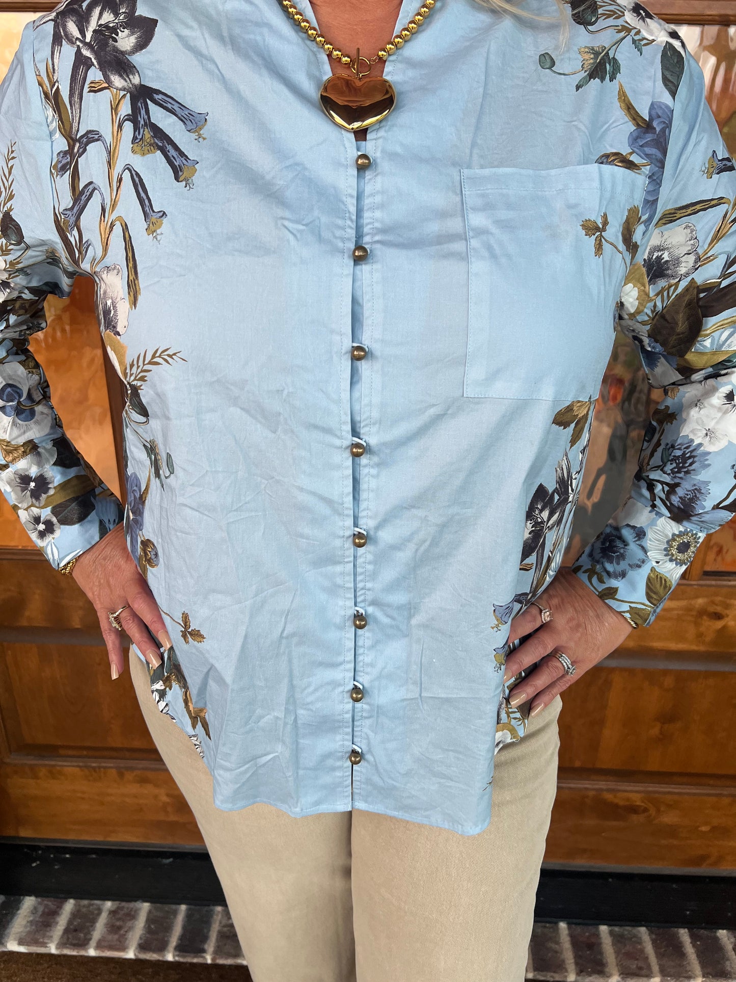 The Kathleen Long Sleeve Chambray Floral Top