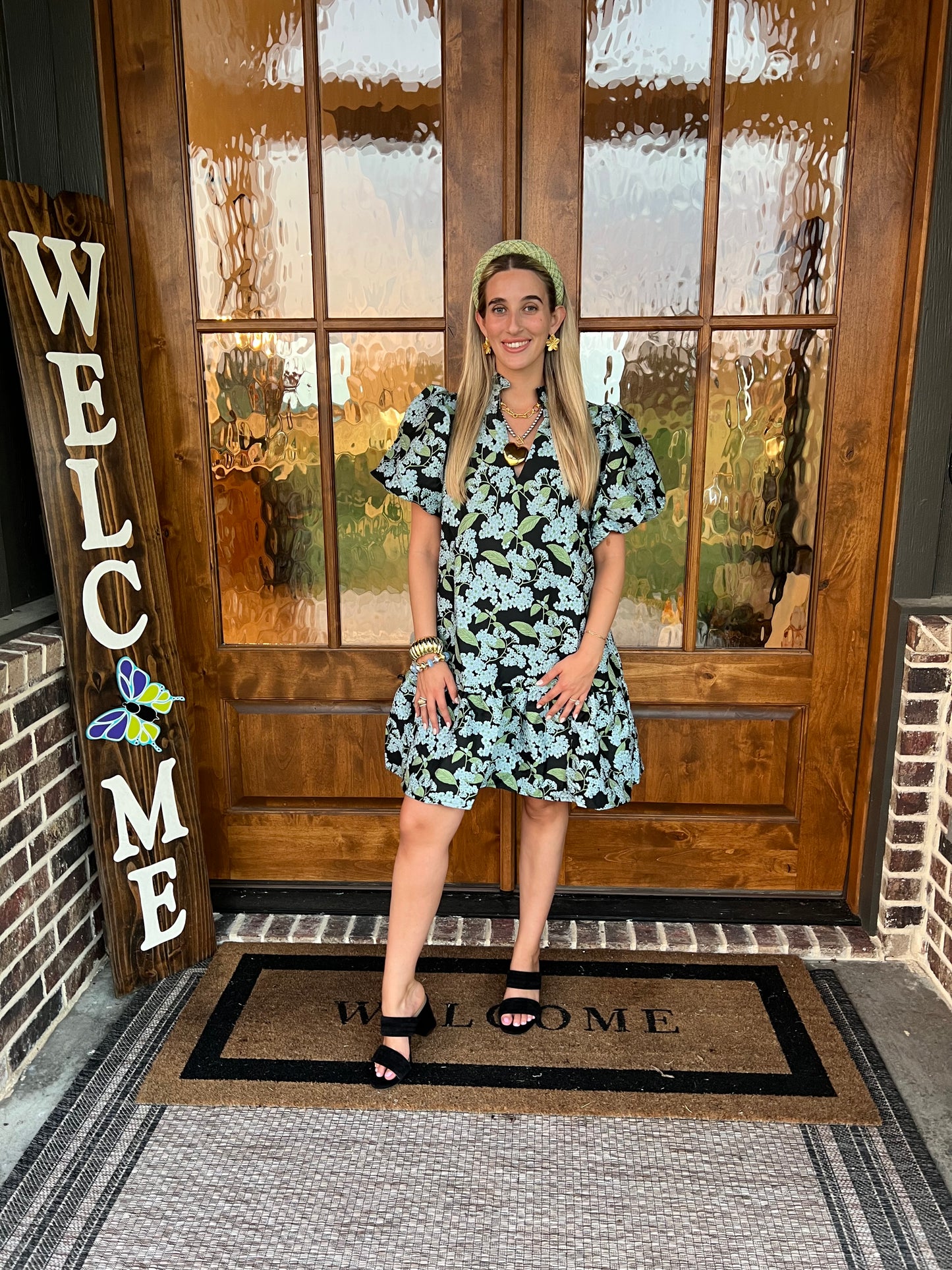 The Holli Blue Botanical Print Puff Sleeve Mini Dress