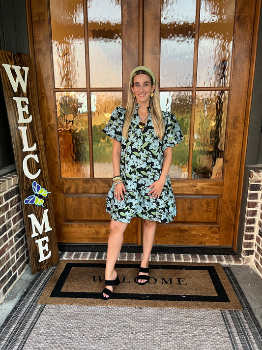 The Holli Blue Botanical Print Puff Sleeve Mini Dress