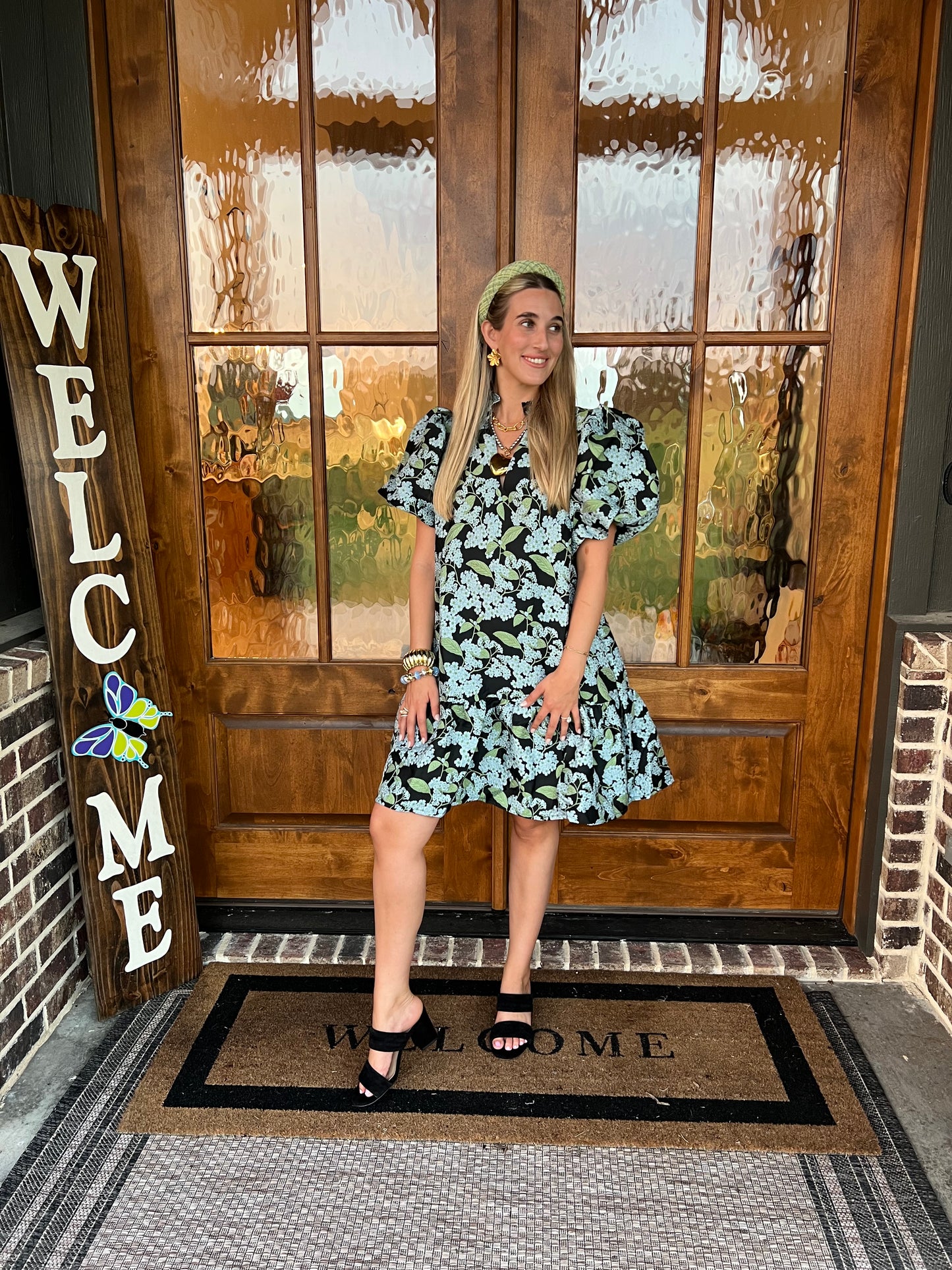 The Holli Blue Botanical Print Puff Sleeve Mini Dress