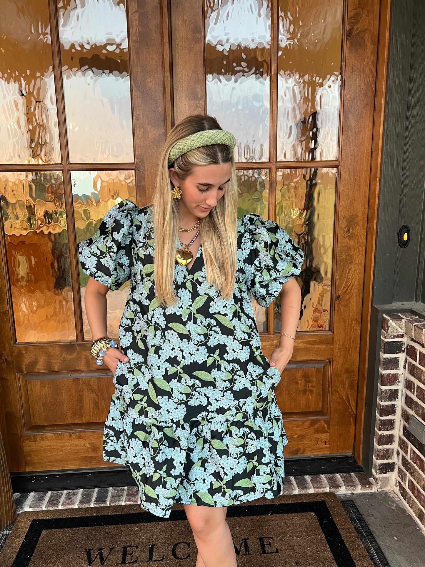 The Holli Blue Botanical Print Puff Sleeve Mini Dress