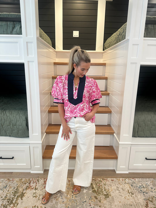 The Teri Pink Floral Puff Sleeve Top