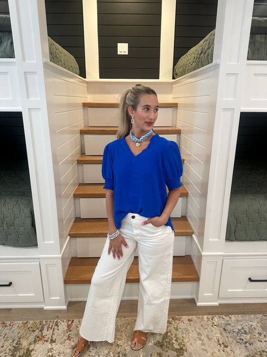 The Lisa Royal Puff Sleeve V-neck Top